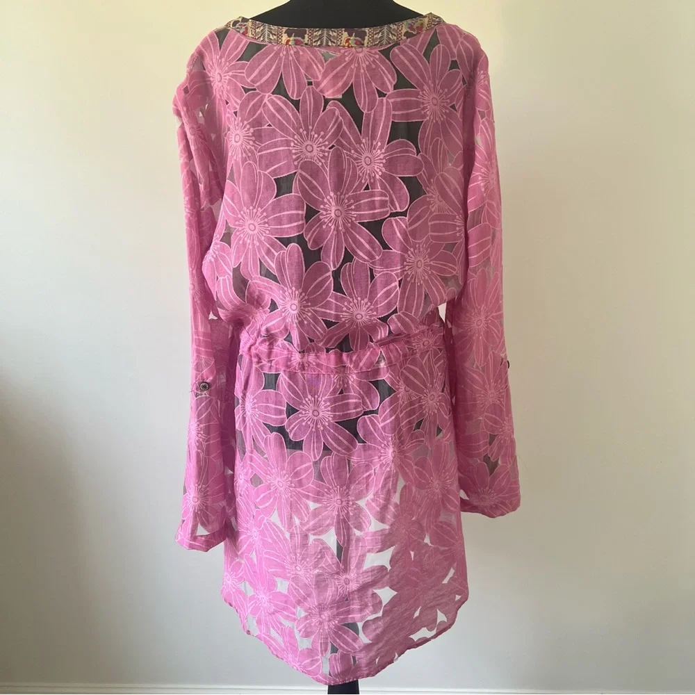 Nick & Mo Sheer Pink Floral Cover Up Tie Waist Boho Beach Large - Picture 4 of 10